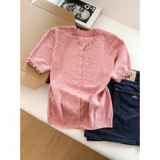 批发设计感木耳边单排扣踩点短袖<b class='q'>针织衫</b>女夏季新款韩系百搭洋气上衣