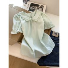 批发夏日巨好看的娃娃领花边衬衫女短袖韩系<b class='q'>甜美</b>上衣衬衣