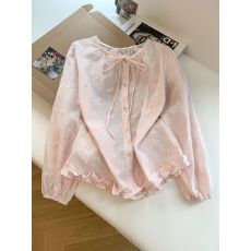 批发蓝色<b class='q'>刺绣</b>长袖<b class='q'>衬衫</b>女早春新款设计感小众复古氛围感长袖上衣