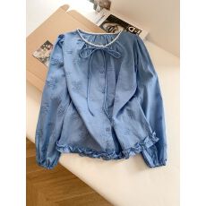 批发蓝色<b class='q'>刺绣</b>长袖<b class='q'>衬衫</b>女早春新款设计感小众复古氛围感长袖上衣