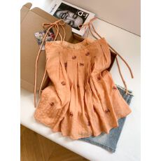 批发女装夏季韩系温柔甜美碎花压褶吊带小衫背心宽松橘色上衣