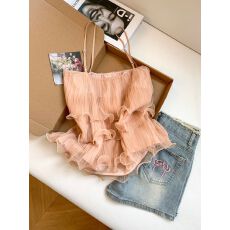 夏季新款甜系少女感多层荷叶边吊带无袖蛋糕背心上衣女