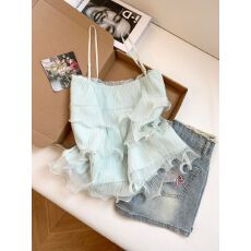 批发夏季新款甜系少女感多层荷叶边吊带无袖蛋糕背心上衣女