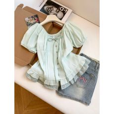 批发韩系一字肩泡泡袖甜美温柔风撞色<b class='q'>格子</b>系带纯棉显瘦<b class='q'>衬衣</b>小衫上衣