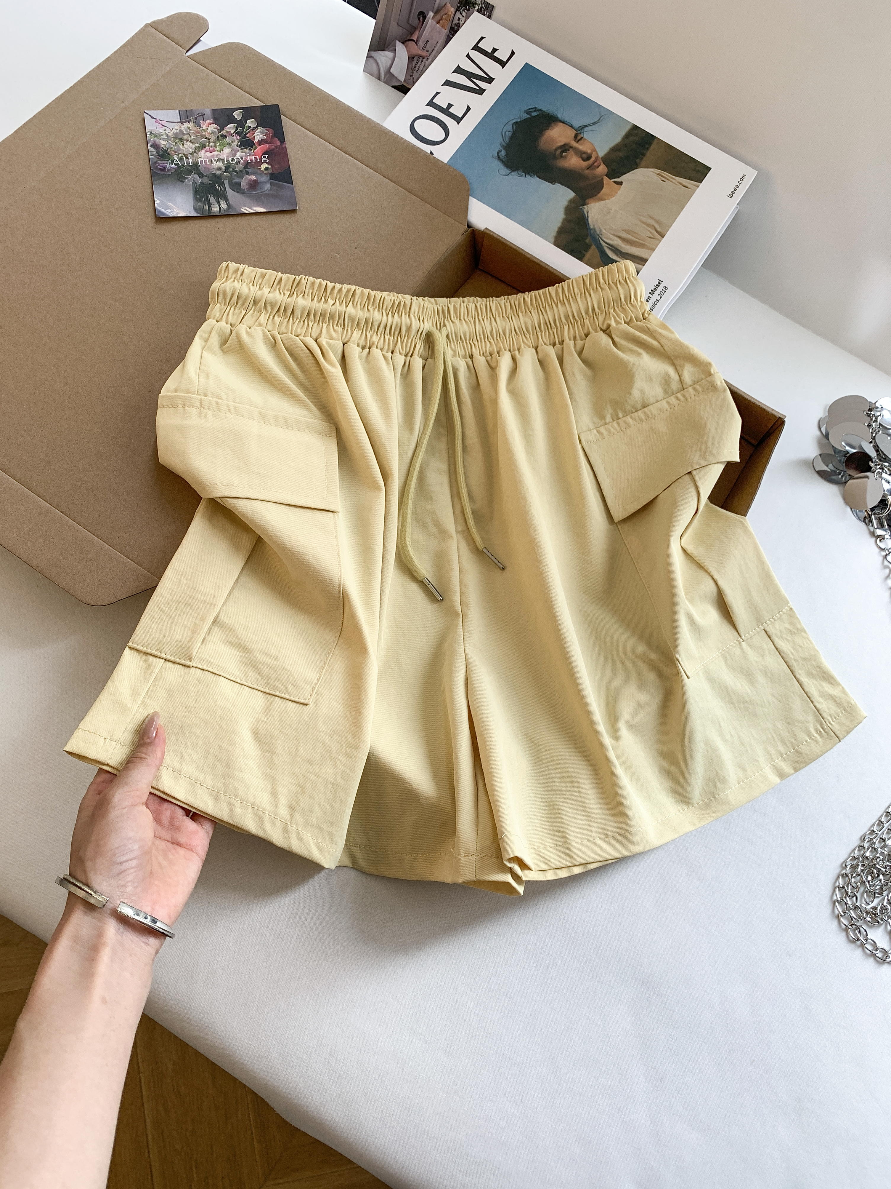우유 fufu 워크웨어 빅 포켓 5 점 반바지 여성 여름 펌프 로프 허리밴드 루즈핏 넓은 다리 캐주얼 바지
