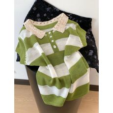 批发韩系竹节麻花边蕾丝娃娃领休闲短袖针织衫T恤上衣女夏季新款