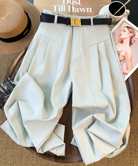 디자인 센스 이전 Pleat 정장 와이드 레깅스 바지 루즈핏 도루 센스 하이웨이스트 긴 바지 다용도 슬림해 보이는 스트레이트 캐주얼 바지