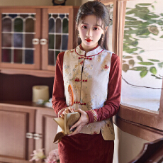 批发秋冬新中式复古小圆领盘扣国潮民族风雪尼尔上衣马甲开衫女外套