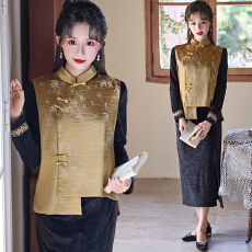 批发新春拜年服新中式复古盘扣民族风缎面印花上衣唐装马甲开衫女外套