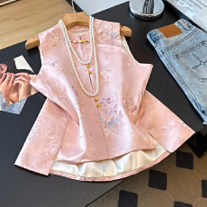 批发温柔烟粉新中式立领马甲重工蝴蝶花卉刺绣提花国风唐装改良款外搭