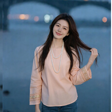 批发2026新款温粉色国风圆领衬衫重工珠绣袖口光泽感天丝上衣女<b class='q'>防晒</b>衫