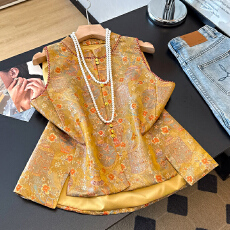 批发2026新中式宋锦提花马甲女 老钱风穿搭轻奢气质立领盘扣国风背心