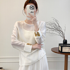 批发高级感仙气天丝薄纱款罩衫女透视圆领宽松百搭衬衣打底内搭慵懒凤