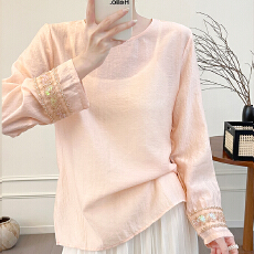 批发2026新款温粉色国风圆领衬衫重工珠绣袖口光泽感天丝上衣女防晒衫