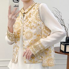 批发新中式宋锦提花马甲女 老钱风穿搭葫芦宝相花立领背心2026新款