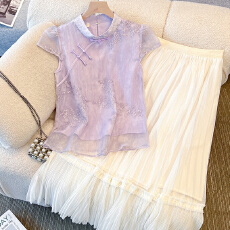 批发新中式国风刺绣盘扣上衣夏季薄款雪纺立领短袖气质小衫 2026新款