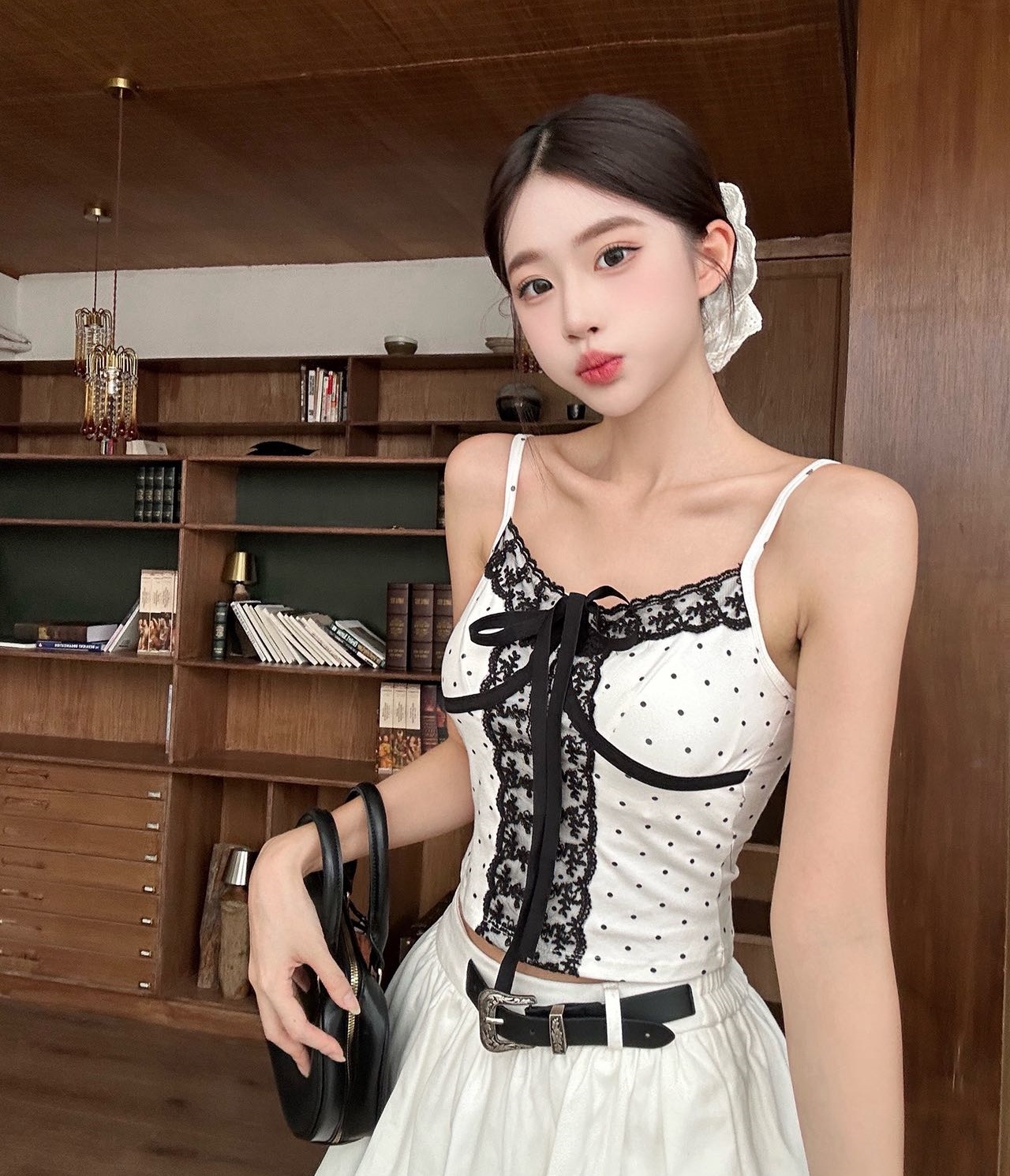 FA35860# 纯欲黑色蕾丝拼接吊带背心外穿带胸垫无袖上衣 服裝批發女裝批發服飾貨源
