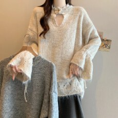 批发实拍2025秋冬立体花朵镂空抽绳针织衫女胖妹妹气质显瘦套头<b class='q'>毛衣</b>