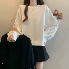 批发2026春季新款宽松休闲百搭卫衣大码女装减龄珍珠扣灯笼袖圆领上衣