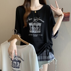 批发2026新款格子拼接假两件抽绳百搭<b class='q'>短袖</b><b class='q'>T</b><b class='q'>恤</b>女显瘦宽松圆领上衣