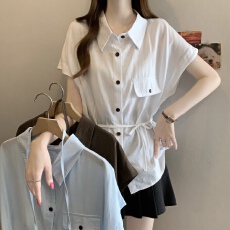 批发2026夏季新款简约休闲翻领短袖衬衫女系带收腰单排扣百搭上衣