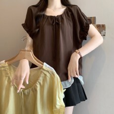 批发2026夏季新款木耳边系显瘦短袖衬衫大码遮肚独特百搭上衣女