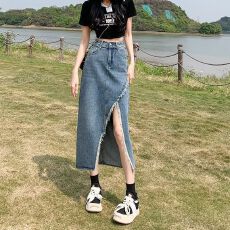 批发复古开叉毛边中长款牛仔裙女 2025<b class='q'>春</b>秋新款宽松显瘦包臀a字半身裙