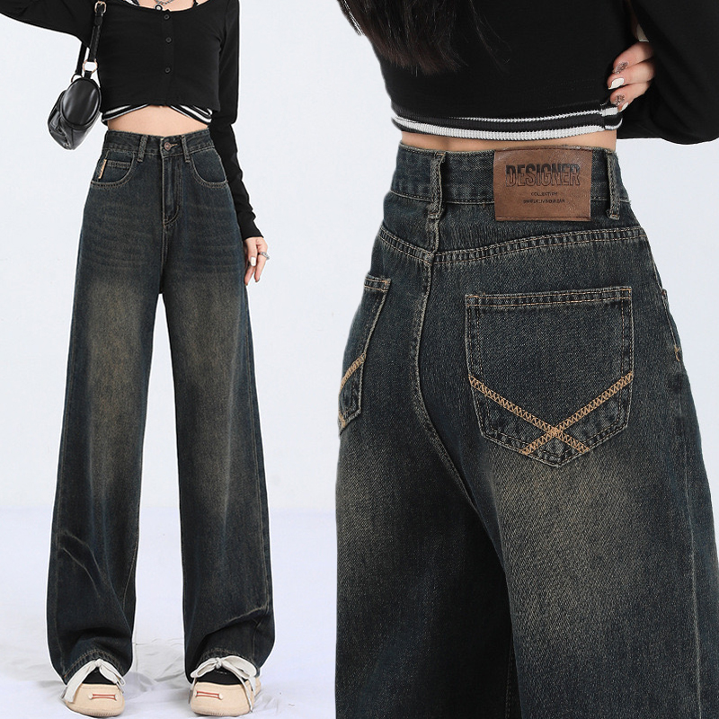 MY14565# 复古韩版牛仔裤女新款大码梨形身材胖mm高腰显瘦阔腿拖地裤...