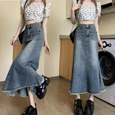 批发复古牛仔半身裙女<b class='q'>秋</b>冬季新款韩版高腰小个子显瘦毛边中长款鱼尾裙