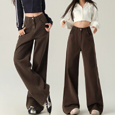 批发<b class='q'>韩版</b>咖色阔腿<b class='q'>牛仔裤</b><b class='q'>女</b>冬季潮流新款高腰宽松显瘦垂感直筒拖地长裤