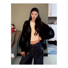 批发【纯棉华棉烫钻】美式上衣十字架连帽开衫宽松潮牌卫衣外套女秋冬