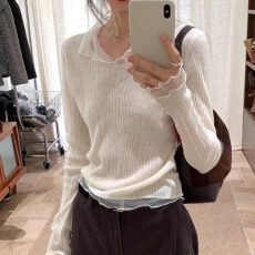 批发韩系白色网纱拼接V领长袖<b class='q'>针织衫</b>女秋冬修身短款内搭独特漂亮上衣