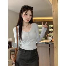 批发4*2法式坑条长袖t恤女装潮春秋薄修身优雅网纱打底衫V领上衣