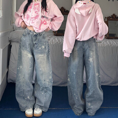 批发美式复古侧边星星<b class='q'>印花</b>牛仔<b class='q'>裤</b>男女秋季潮牌痞帅宽松弯刀阔腿休闲<b class='q'>裤</b>