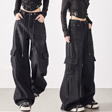 批发辣妹设计感个性微喇牛仔<b class='q'>裤</b>女春秋季<b class='q'>嘻哈</b>风宽松显瘦水洗微喇牛仔<b class='q'>裤</b>