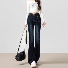 批发高街辣妹复古<b class='q'>韩版</b>微喇牛仔<b class='q'>裤</b>女春秋<b class='q'>装</b>配带腰带设计感喇叭牛仔<b class='q'>裤</b>潮