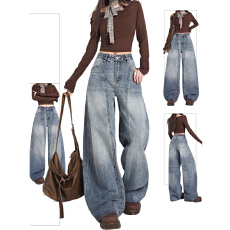 批发慵懒风<b class='q'>嘻哈</b>阔腿牛仔<b class='q'>裤</b>女春秋季新款高腰显瘦设计感宽松拖地牛仔<b class='q'>裤</b>