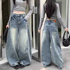 批发美式街头设计感阔腿<b class='q'>牛仔裤</b>女春秋季新款个性高腰宽松拖地<b class='q'>牛仔裤</b>潮