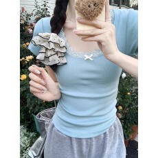 批发纯欲蕾丝花边锁骨方领短袖女<b class='q'>夏</b>季甜辣妹蝴蝶结芭蕾风紧身上衣