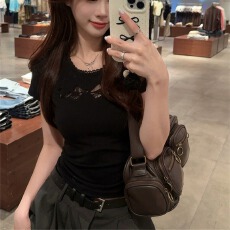 批发<b class='q'>甜美</b>纯欲蝴蝶结镂空蕾丝短袖正肩T恤女夏季修身显瘦短款上衣