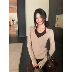 批发美式复古v领套装女修身显瘦打底罩衫挂脖系带叠穿吊带两件套
