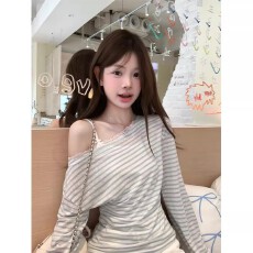 批发松弛斜肩凭蕾丝条纹T恤女<b class='q'>夏</b>韩系慵懒风宽松显瘦露肩上衣