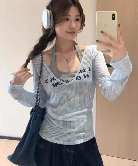 원본 원단 순수한 욕망 스택 착용 행침 목 조끼 긴팔 티셔츠 여성 여름 홀로우 아웃 자외선 차단 블라우스 슬립 투피스 세트