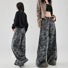 批发美式街头高腰工装牛仔裤女<b class='q'>夏</b>季阔腿复古迷彩垂感百搭宽松裤潮