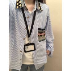 批发设计感名族风拼接条纹<b class='q'>长袖</b>衬衫女2026年早春<b class='q'>情侣</b><b class='q'>潮牌</b>别致上衣外套