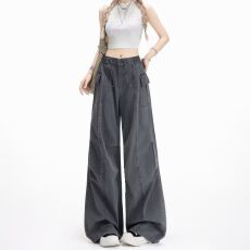 批发优质版水洗斜纹棉<b class='q'>街头</b>工装休闲裤男女侧边大口袋设计感解构阔腿裤