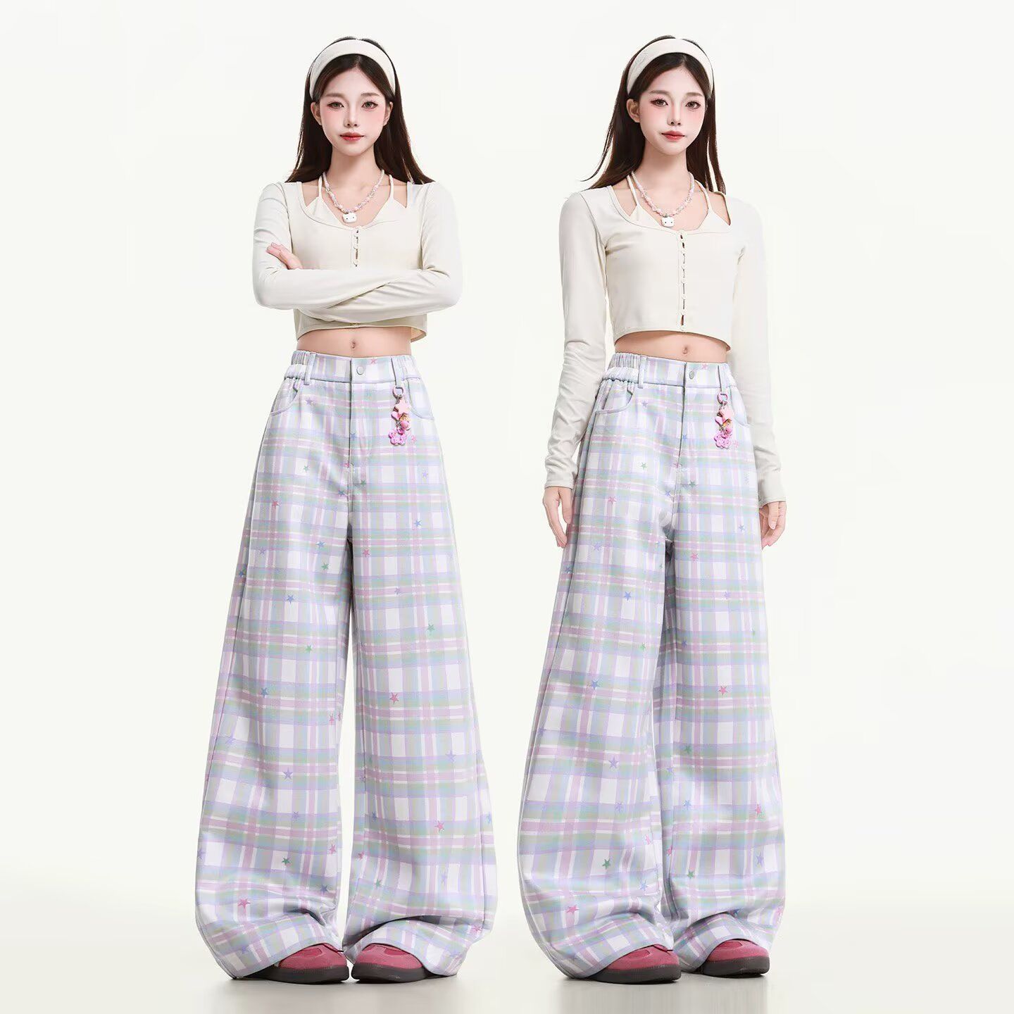 높은 품질 원본 스웨이드 원단 인쇄 도파민 보라색 체크무늬 캐주얼 바지 여성 착용 가져 가라. 롱 바지 봄 여름 섹션 와이드 레그 팬츠