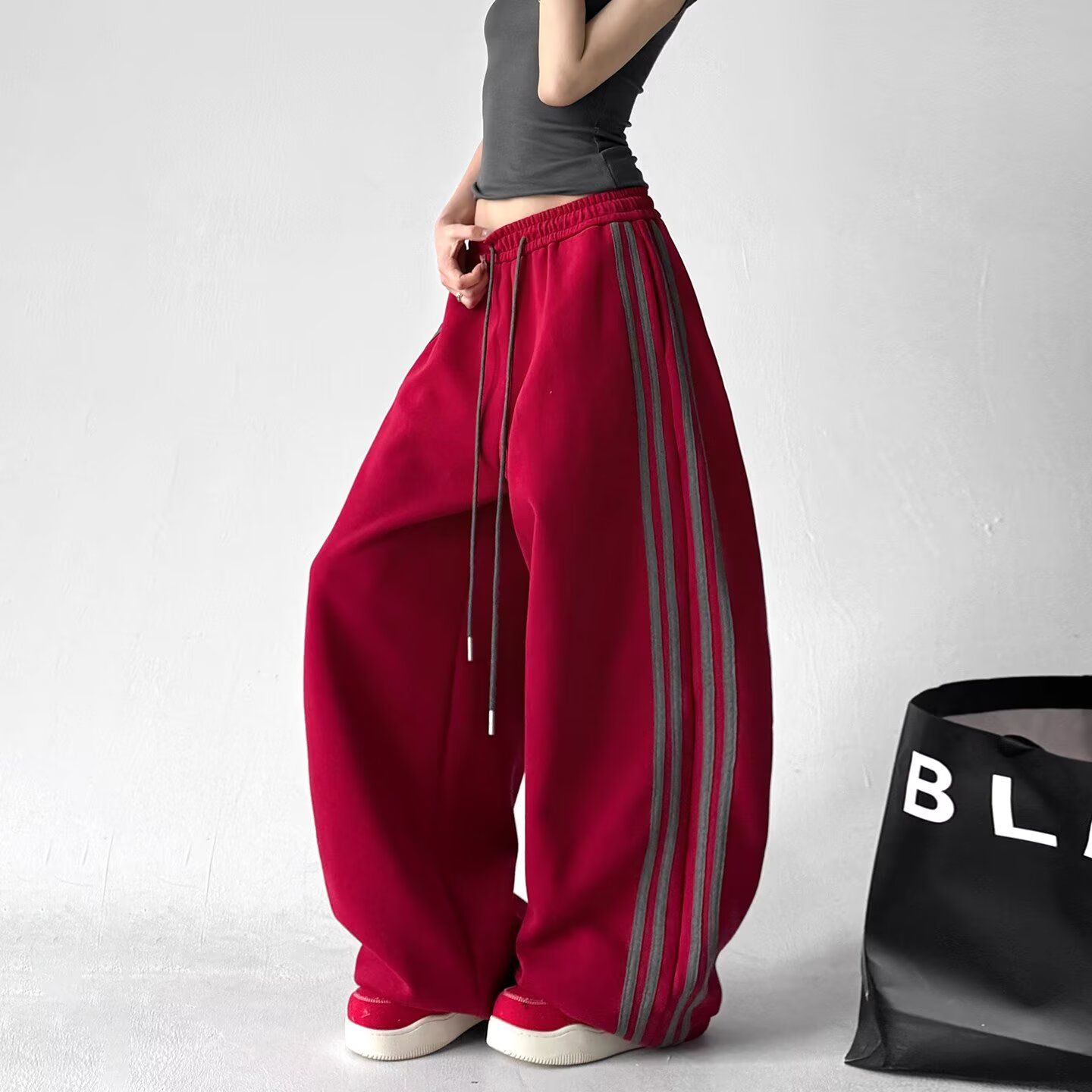 높은 품질 원본 아메리칸 레트로 3개 바 배색 패치워크 캐주얼 운동 바지 여성 새로운 하이웨이스트 넓은 다리 웨이 바지 트렌디