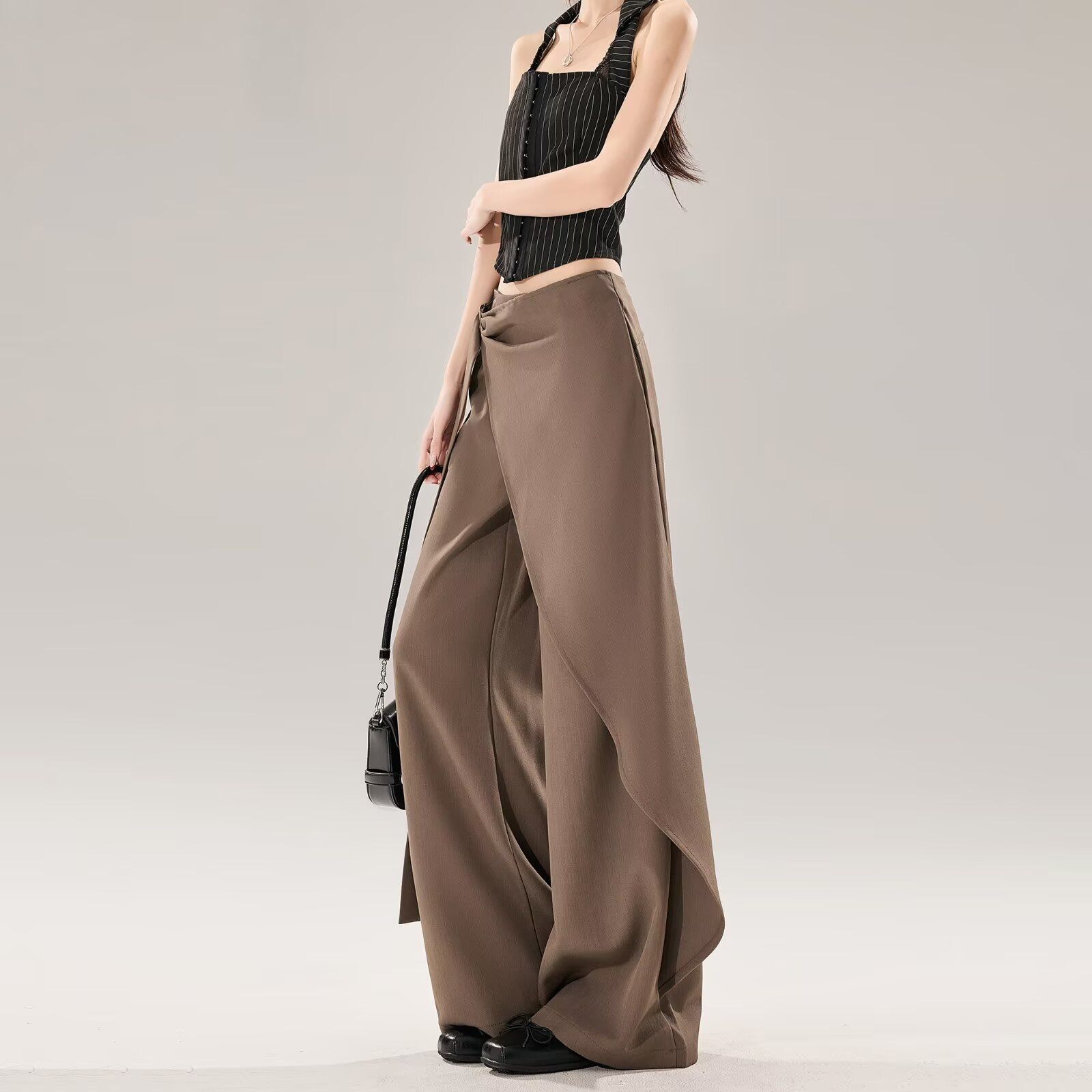 높은 품질 원본 3 3 비스듬한 디자인 센스 불규칙 리본 캐주얼 정장 바지 여성 새로운 느긋한 느슨함 와이드 레그 팬츠