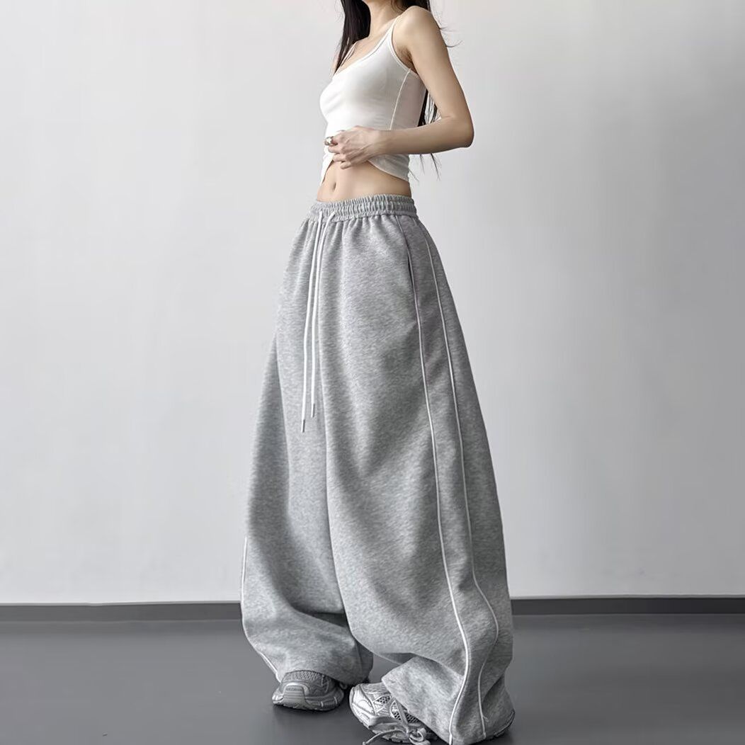 높은 품질 후아 면 복합 한국 스타일 웨이 다리 바지 여성 봄 가을 새로운 루즈핏 펌프 로프 운동 바지 캐주얼 느긋한 바람 긴 바지